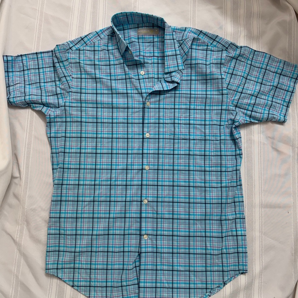 Peter Millar Turquoise Plaid Casual Shirt feather white